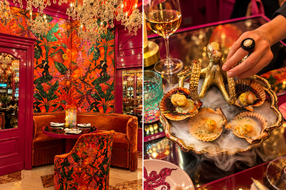 Interior de un restaurante en el centro de Madrid con decoración tropical y tonos fucsias